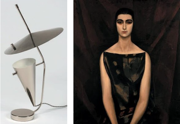 Left: TRAVAIL DES ANNÉES 1960. Lampe en métal nickelé à abat-jour circulaire légèrement bombé, cache ampoule cornet traversé par un tube fixé sur la base. Right: ÉCOLE FRANÇAISE début XXe Portrait de Femme Huile sur toile Signé"Martin" et daté
