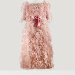 Balenciaga – 1965 Evening dress in point d’esprit tulle by Brivet, entirely covered with appliqué pink feathers by Albert