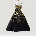 Pierre Balmain – Winter 1953 Black velvet cocktail dress embroidered with chiffon roses by the Lesage Company