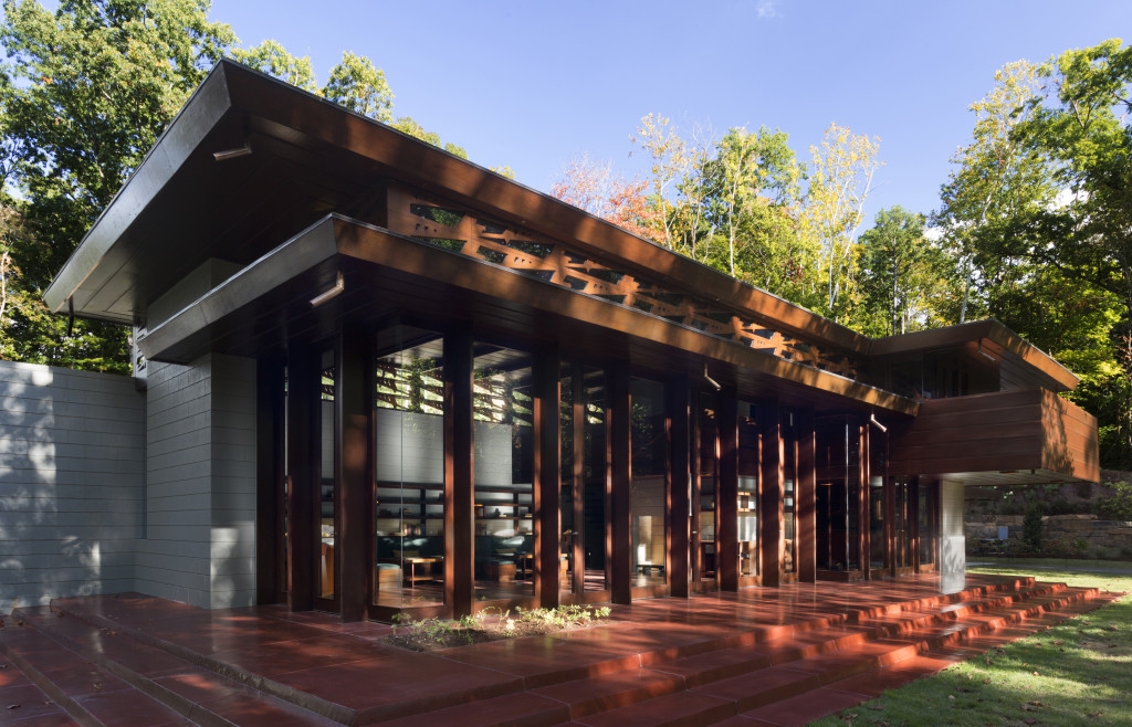 Back exterior Bachman-Wilson House designed by Frank Lloyd Wright  Courtesy Crystal Bridges Museum of American Art, Bentonville, Arkansas;  Photos by Nancy Nolan Photography
