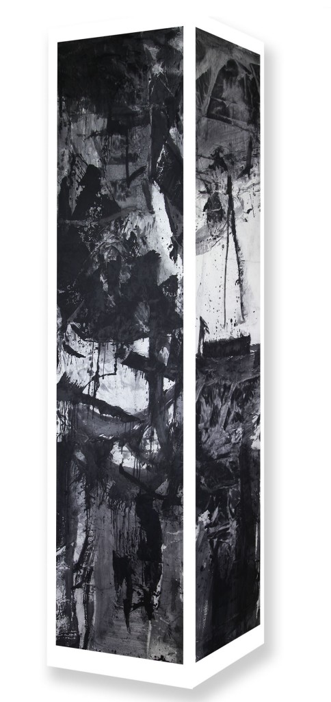 8 - artwork hi-res Ink Monument, 2016, vertical detail-1, two sides, installation - 5 meters x 1 meter - ink on rice paper - four-sided column