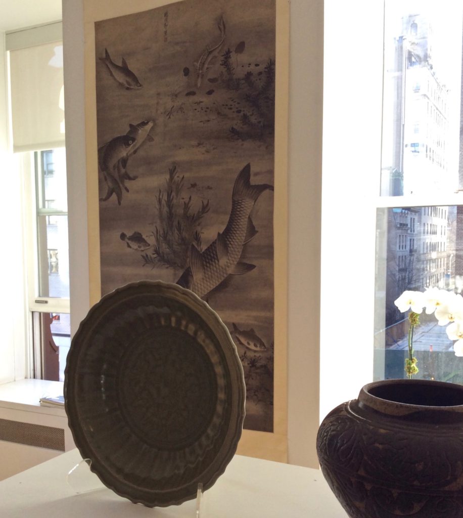Background: A large aquatic scroll painting, ink on paper, signed Guo Fu. Probably 19th Century