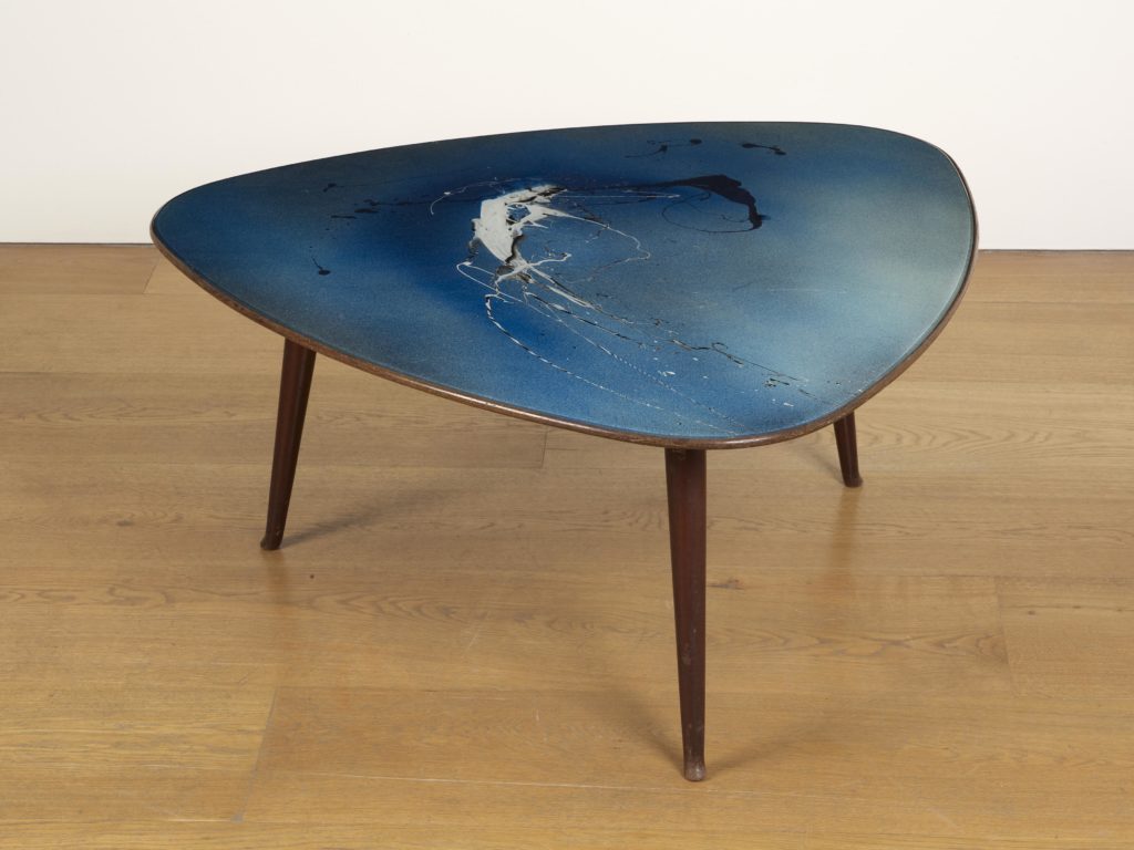 Piano di Tavolino, Mixed media on glass and walnut